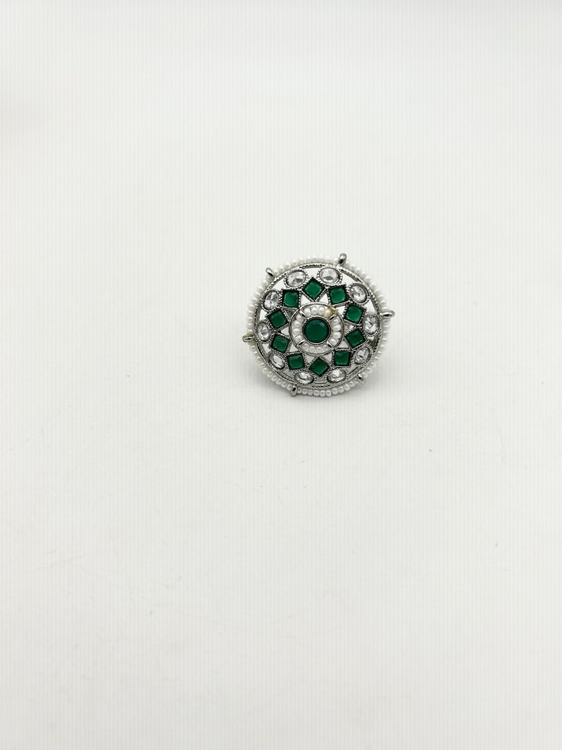 AM801 Silver and Green adjustable ring polki