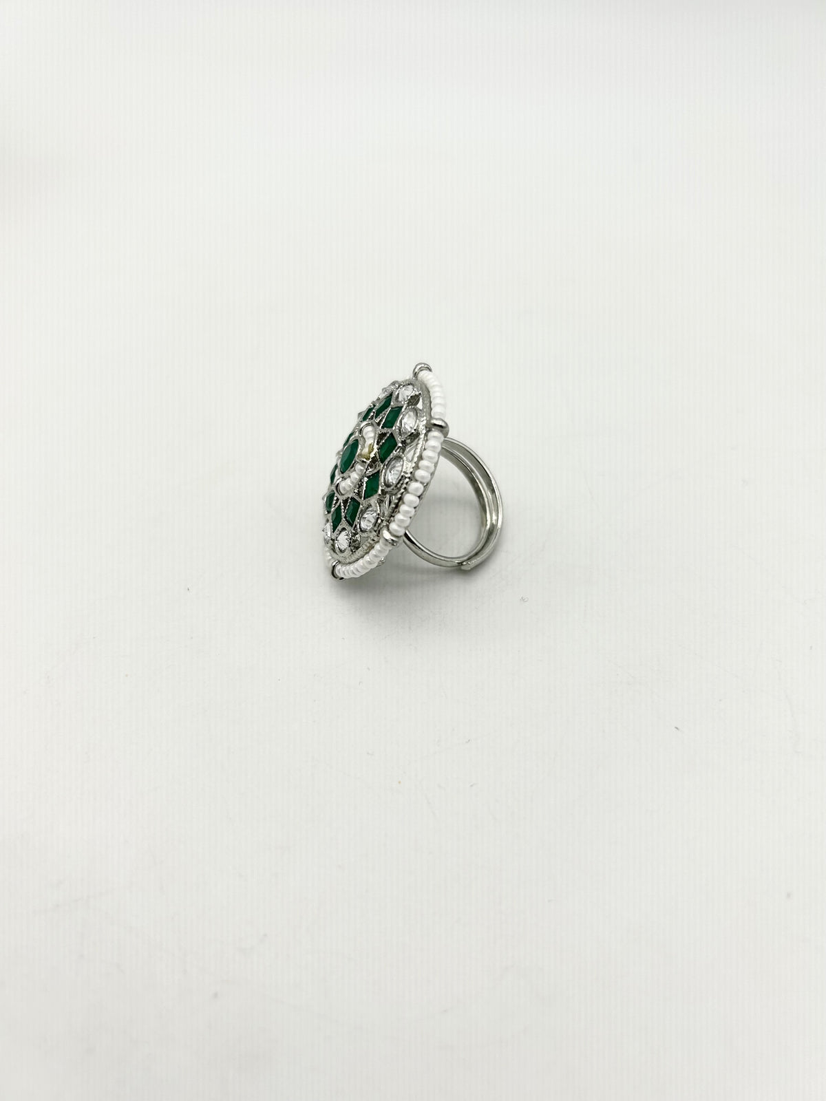 AM801 Silver and Green adjustable ring polki