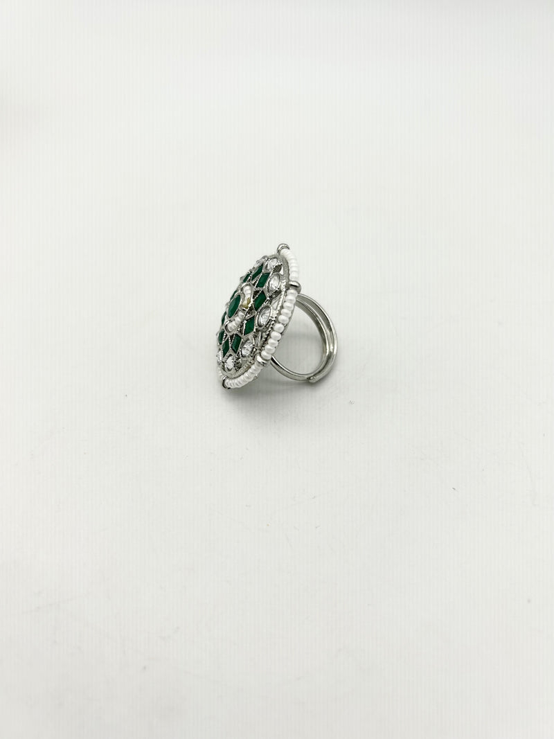 AM801 Silver and Green adjustable ring polki