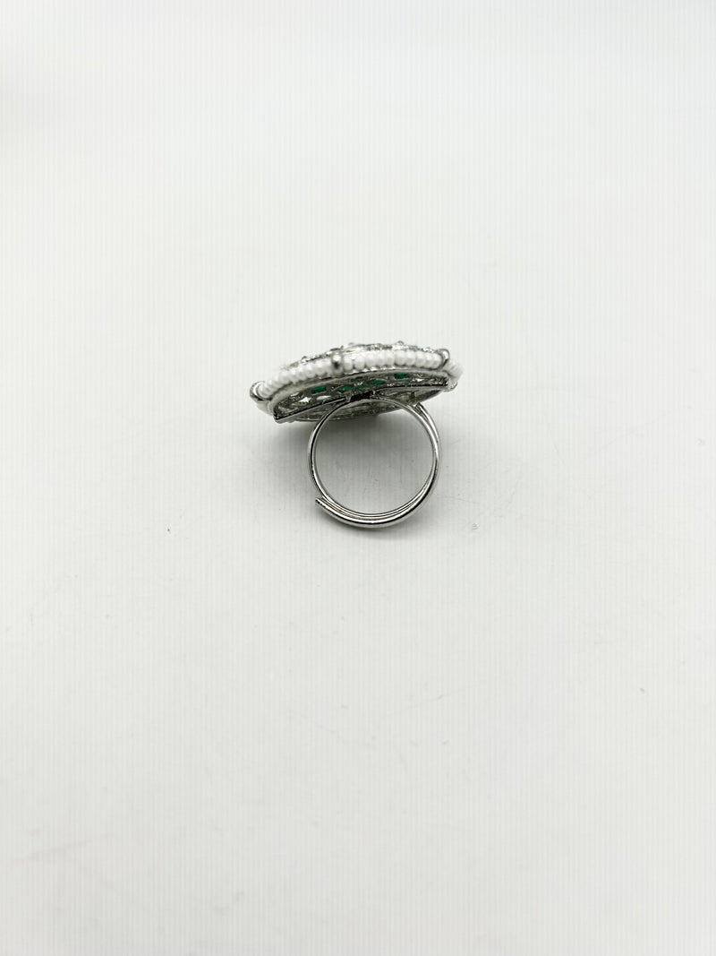 AM801 Silver and Green adjustable ring polki