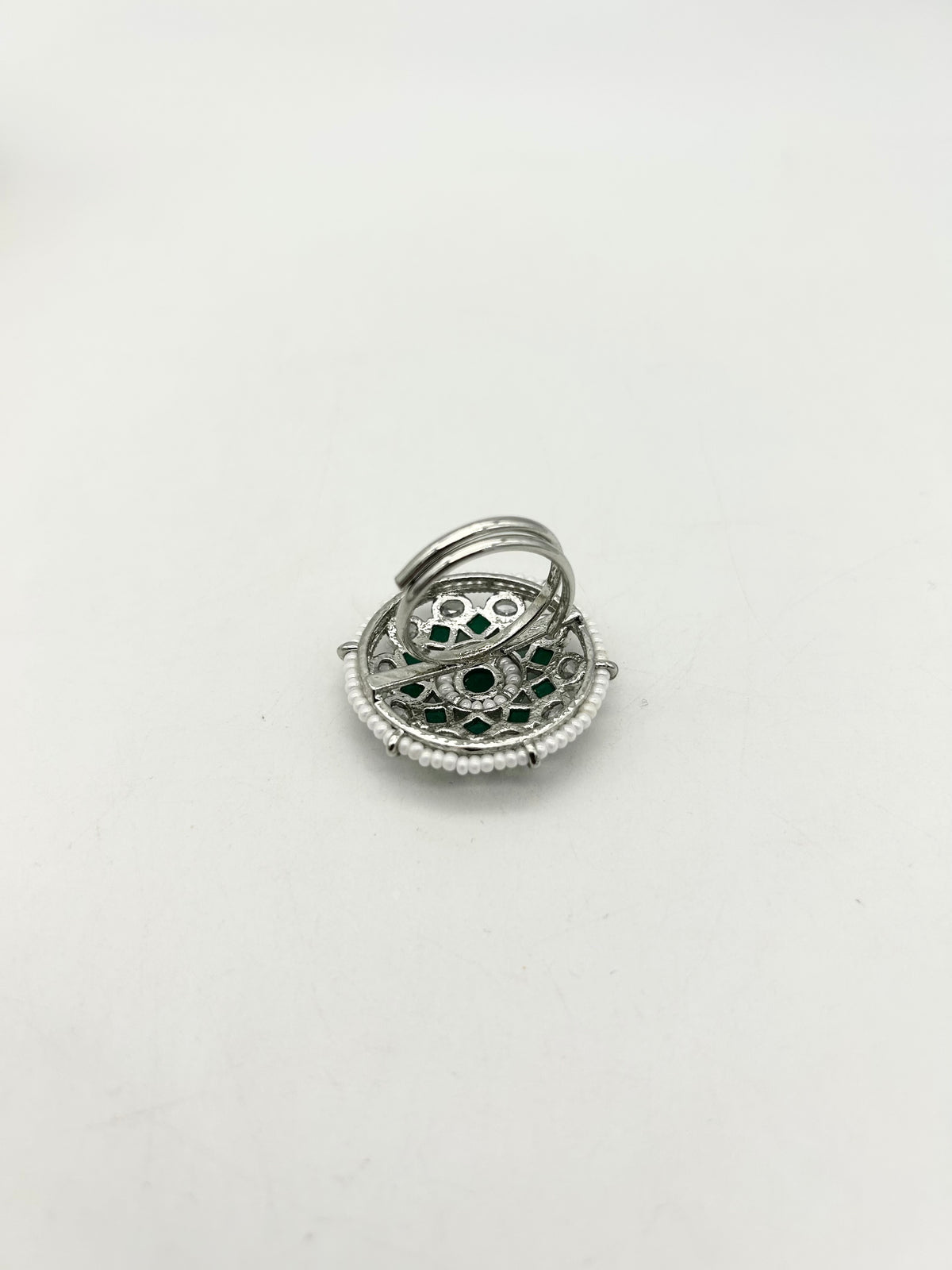 AM801 Silver and Green adjustable ring polki