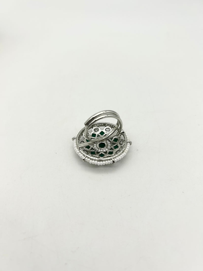 AM801 Silver and Green adjustable ring polki