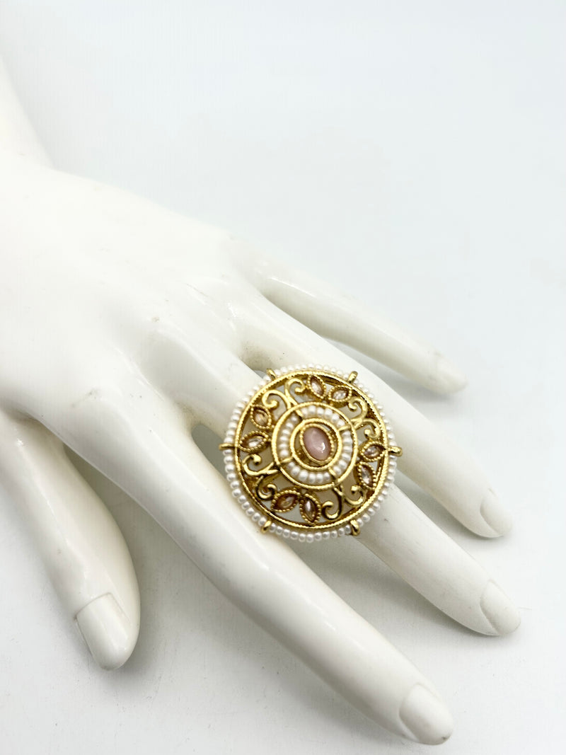AM802 Gold and peach adjustable ring polki