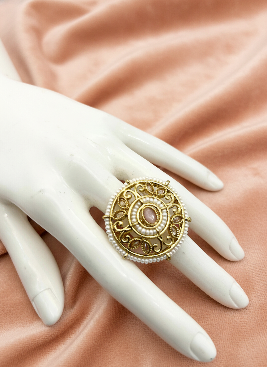 AM802 Gold and peach adjustable ring polki