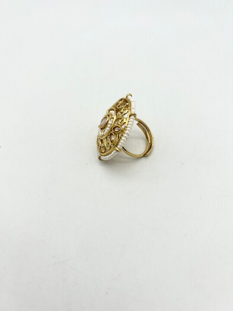AM802 Gold and peach adjustable ring polki