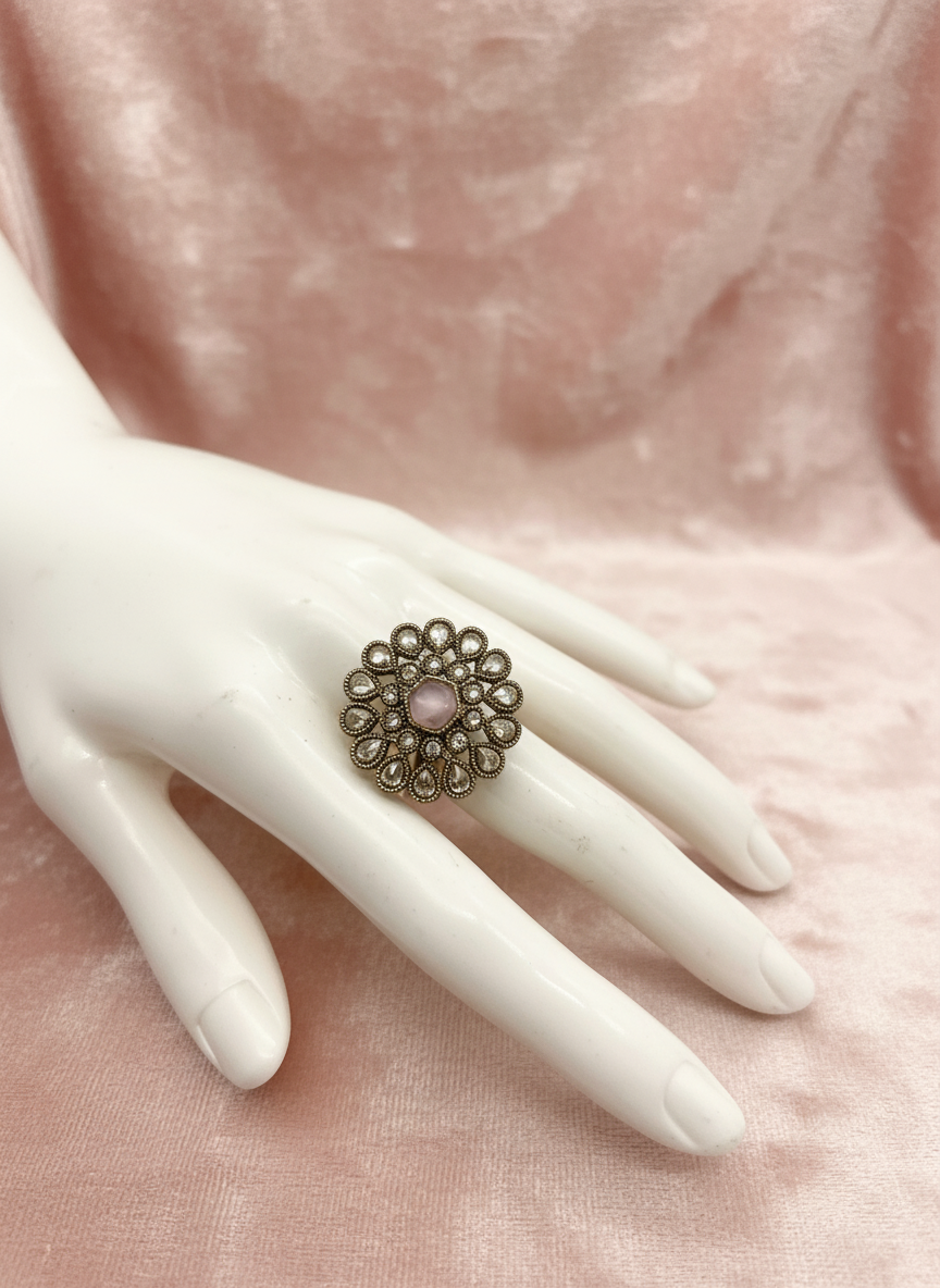 AM807 Gold and Pink adjustable polki ring