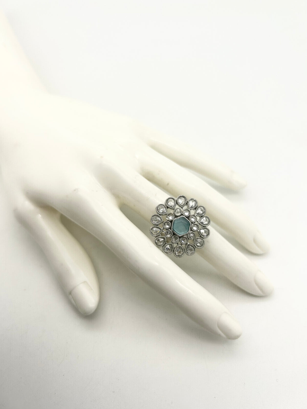 AM807 Silver and Blue adjustable polki ring