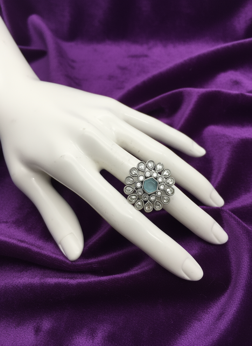 AM807 Silver and Blue adjustable polki ring