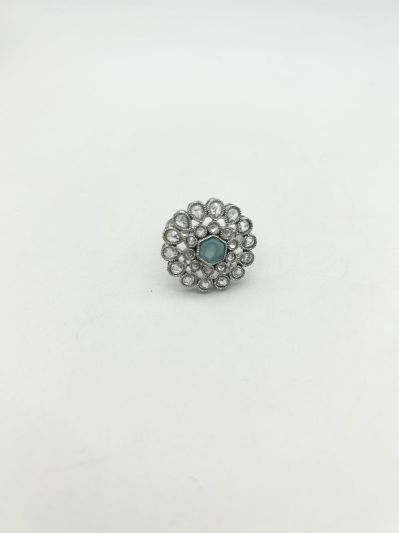 AM807 Silver and Blue adjustable polki ring