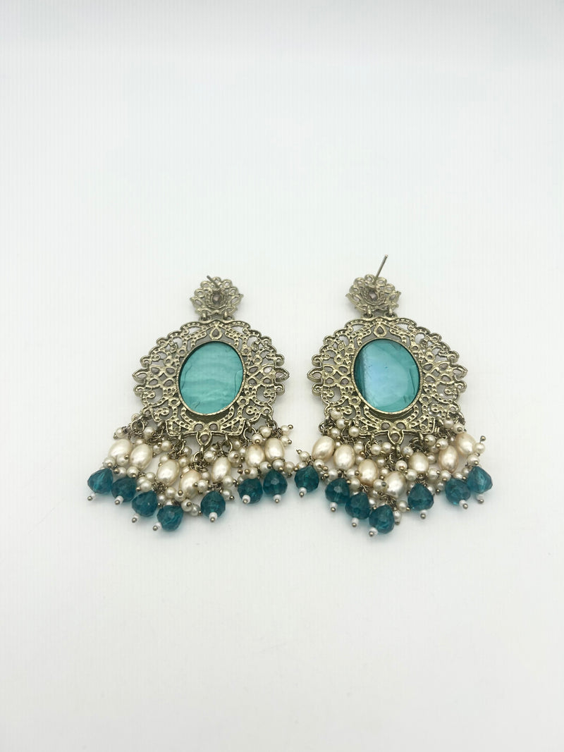 AM020 Gold and Teal earrings polki