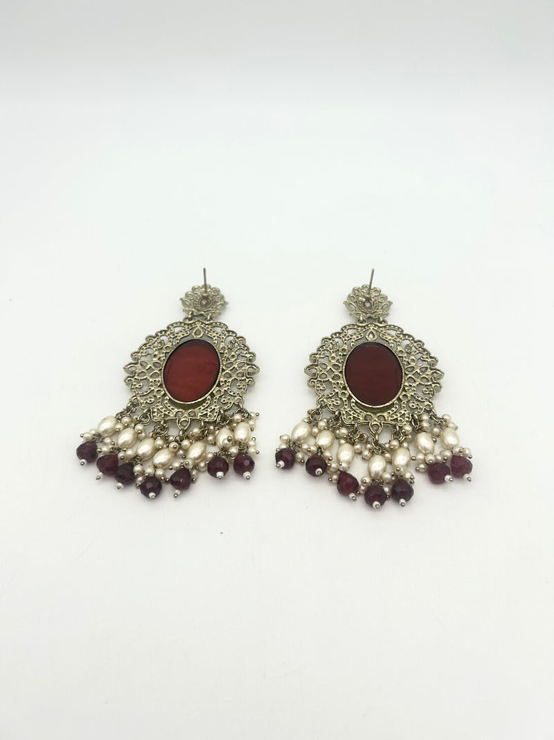 AM020 Gold and Maroon Earring Polki