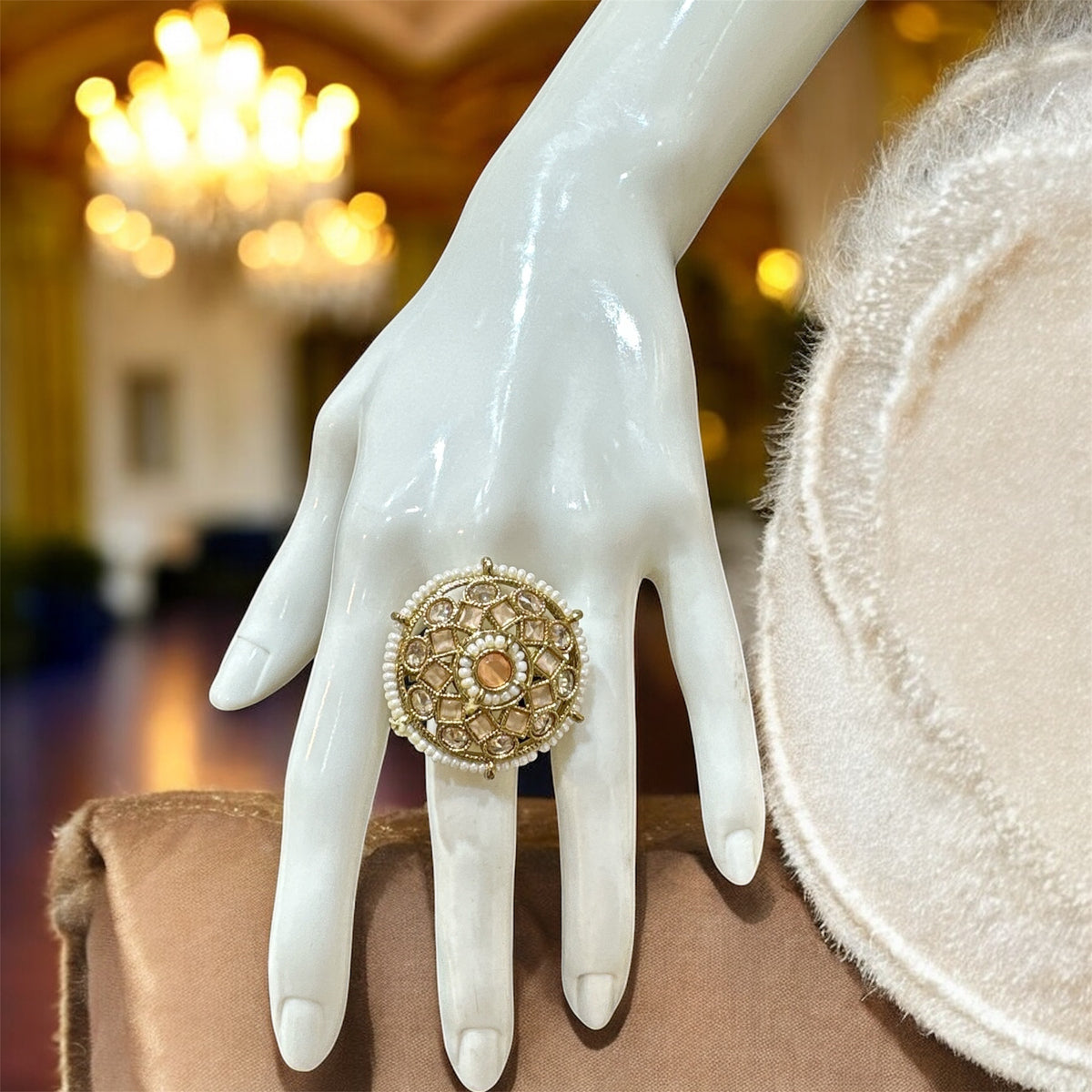 PA715 Gold With Peach Polki Stones Ring