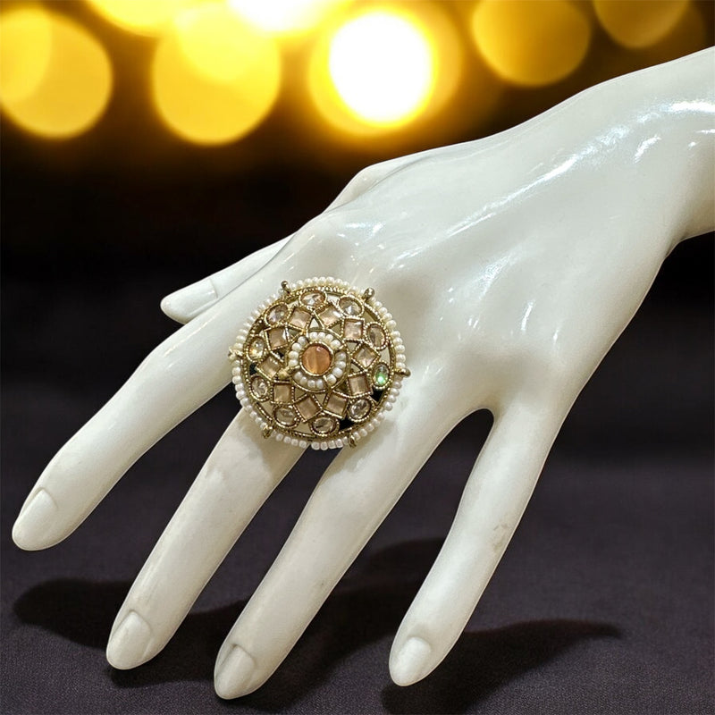 PA715 Gold With Peach Polki Stones Ring