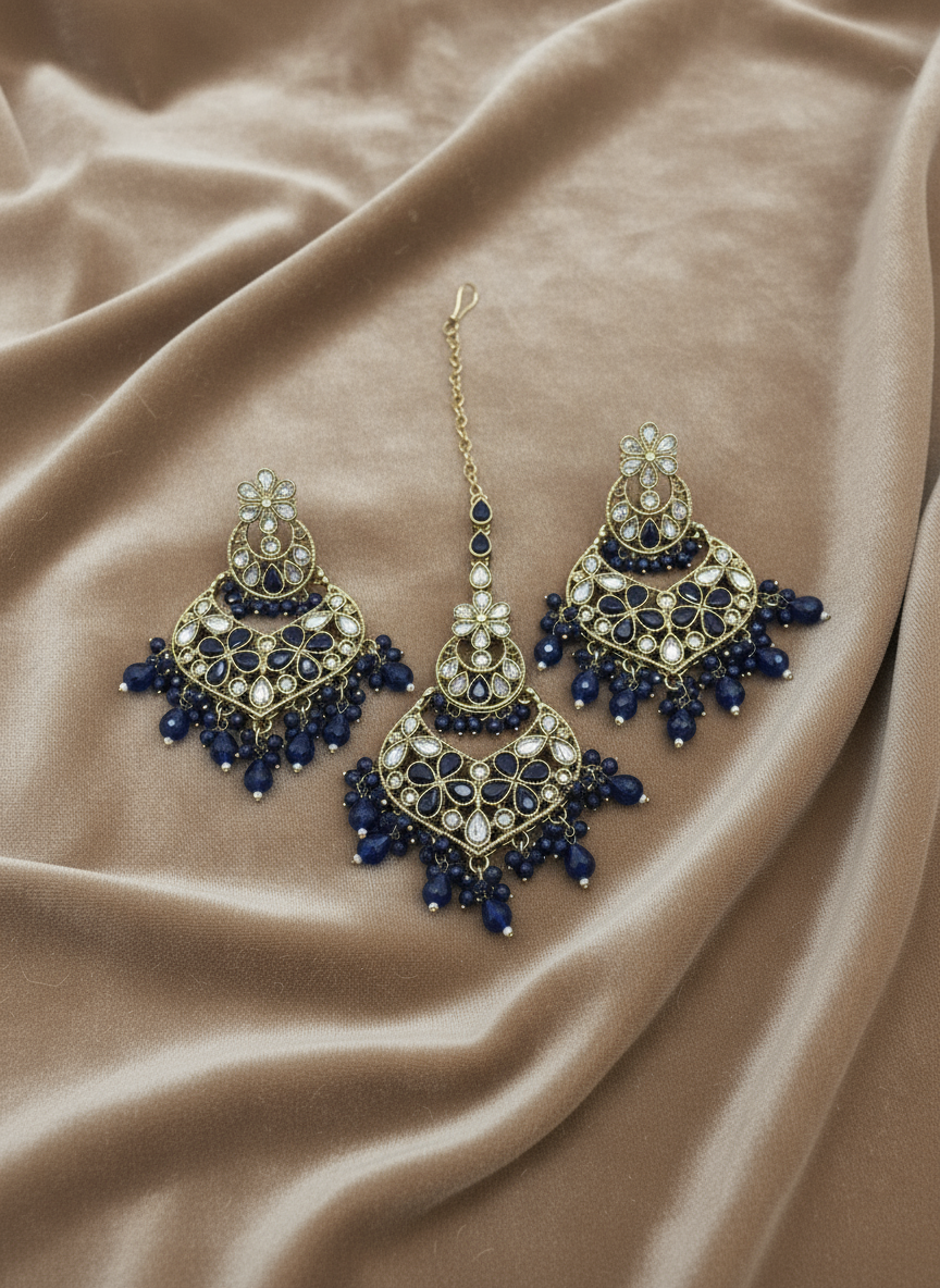 AM600 Gold and Blue earring and tikka