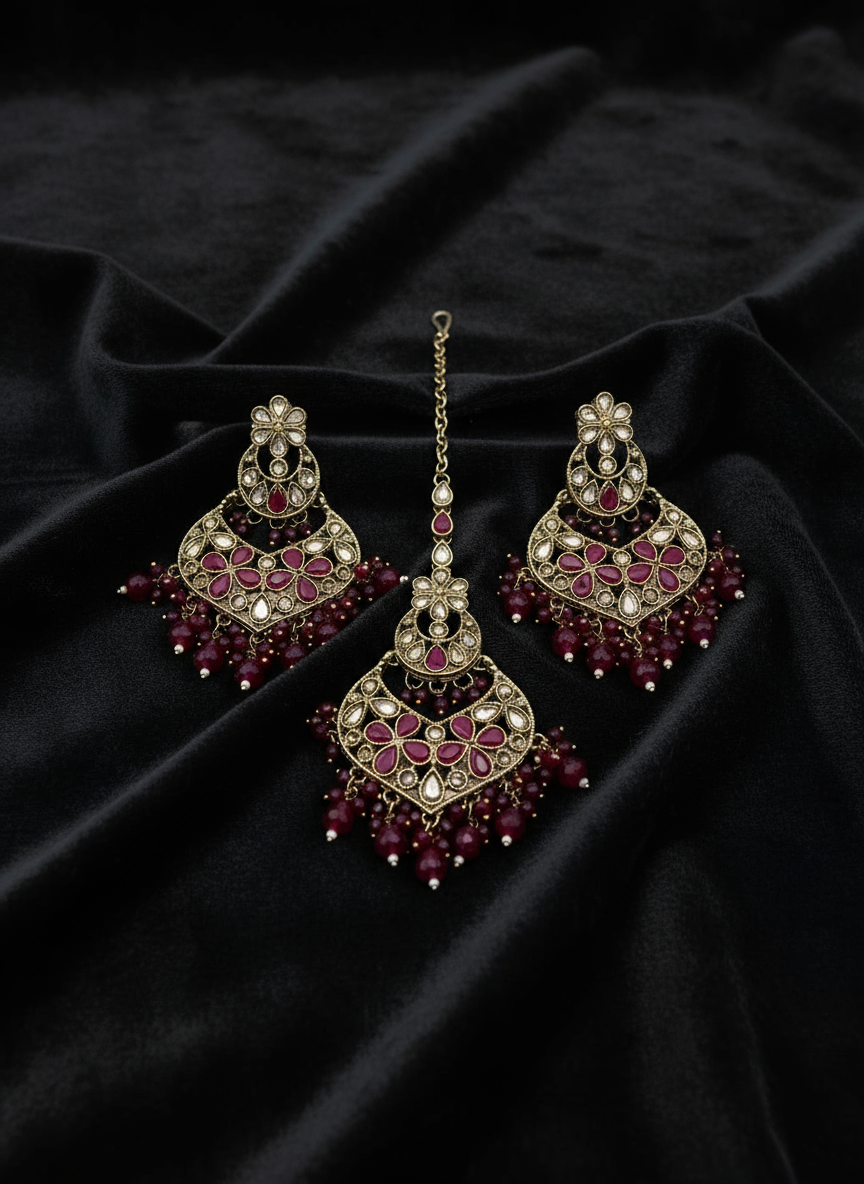 AM600 Gold and Pink Earrings and tikka set Polki