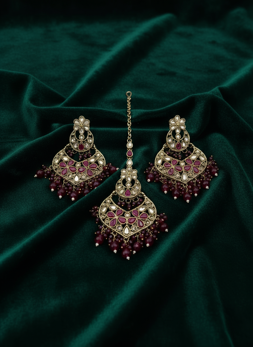 AM600 Gold and Pink Earrings and tikka set Polki