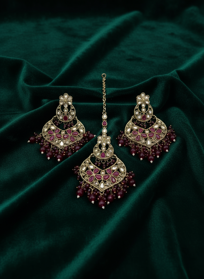 AM600 Gold and Pink Earrings and tikka set Polki