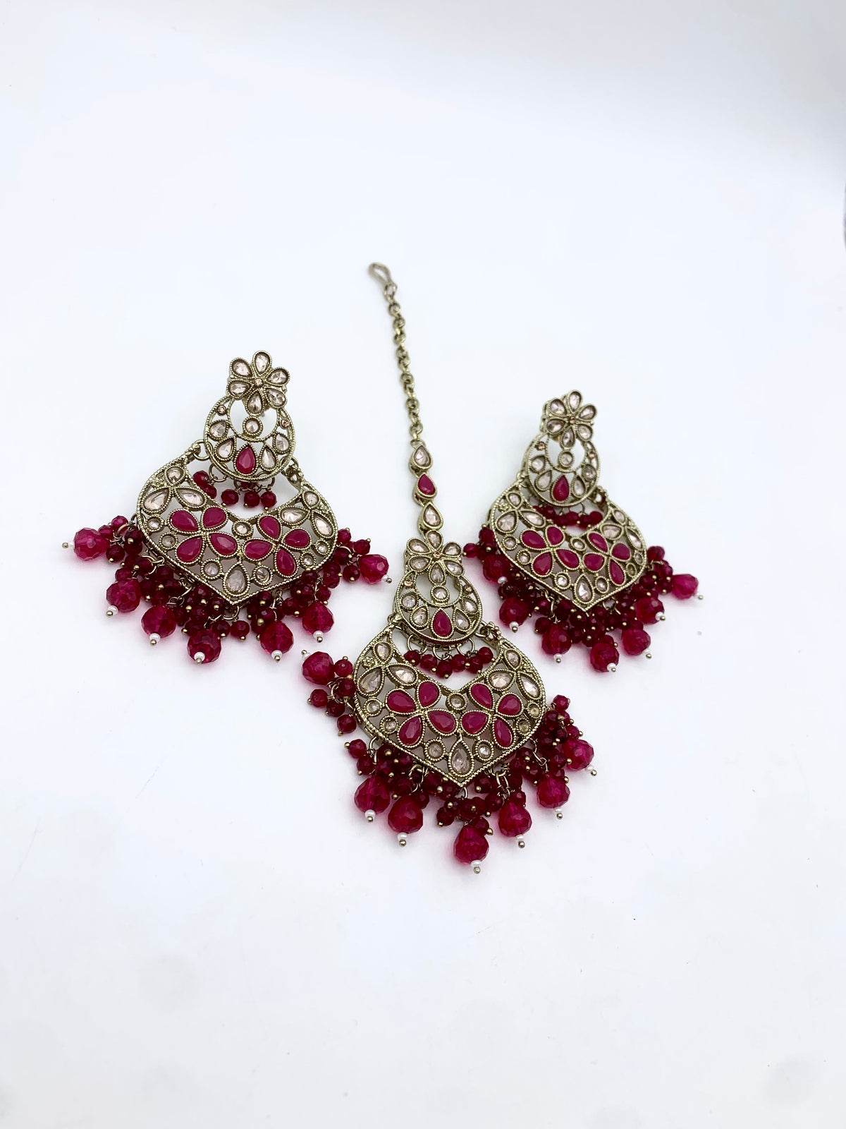 AM600 Gold and Pink Earrings and tikka set Polki