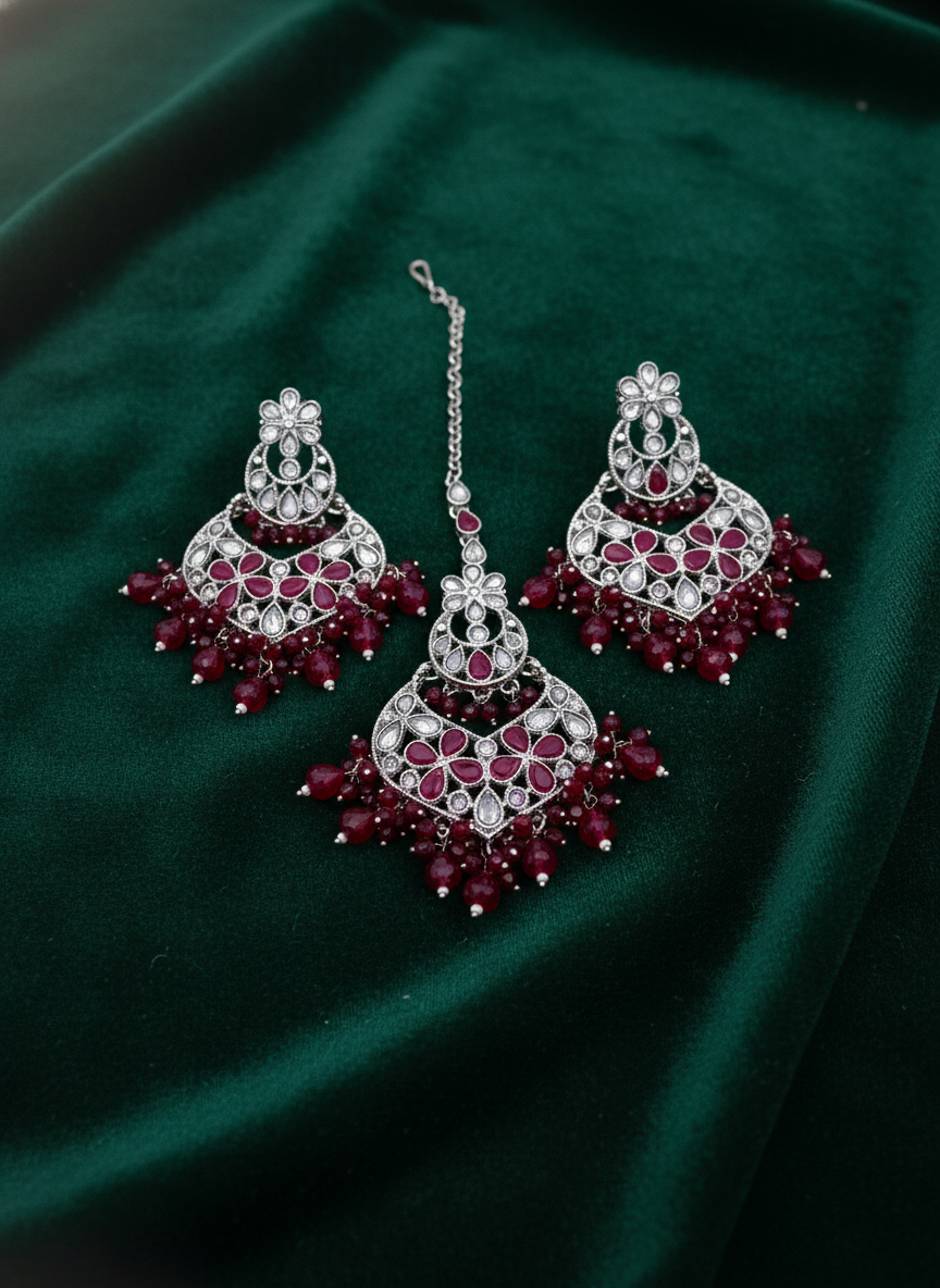AM600 Silver and Pink Earring and Tikka set Polki