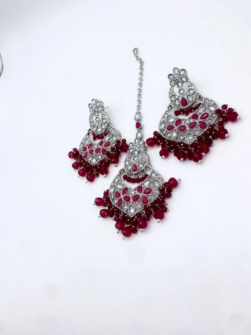 AM600 Silver and Pink Earring and Tikka set Polki