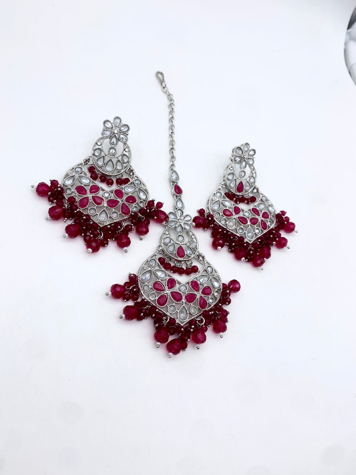 AM600 Silver and Pink Earring and Tikka set Polki