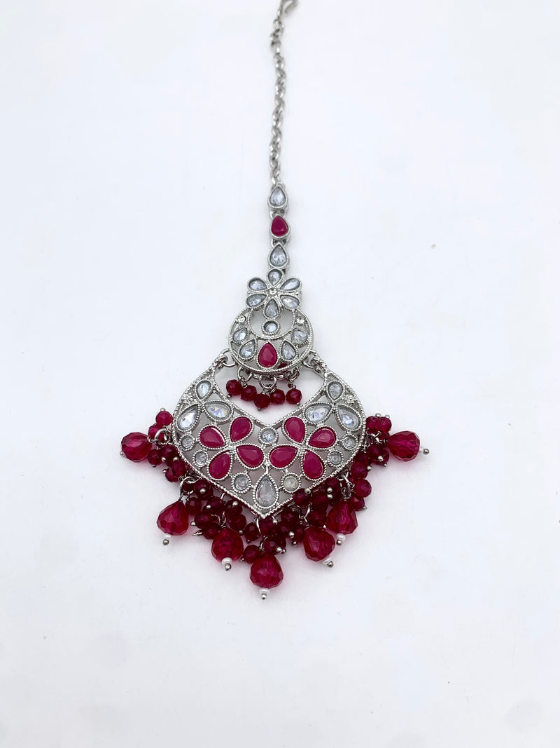 AM600 Silver and Pink Earring and Tikka set Polki