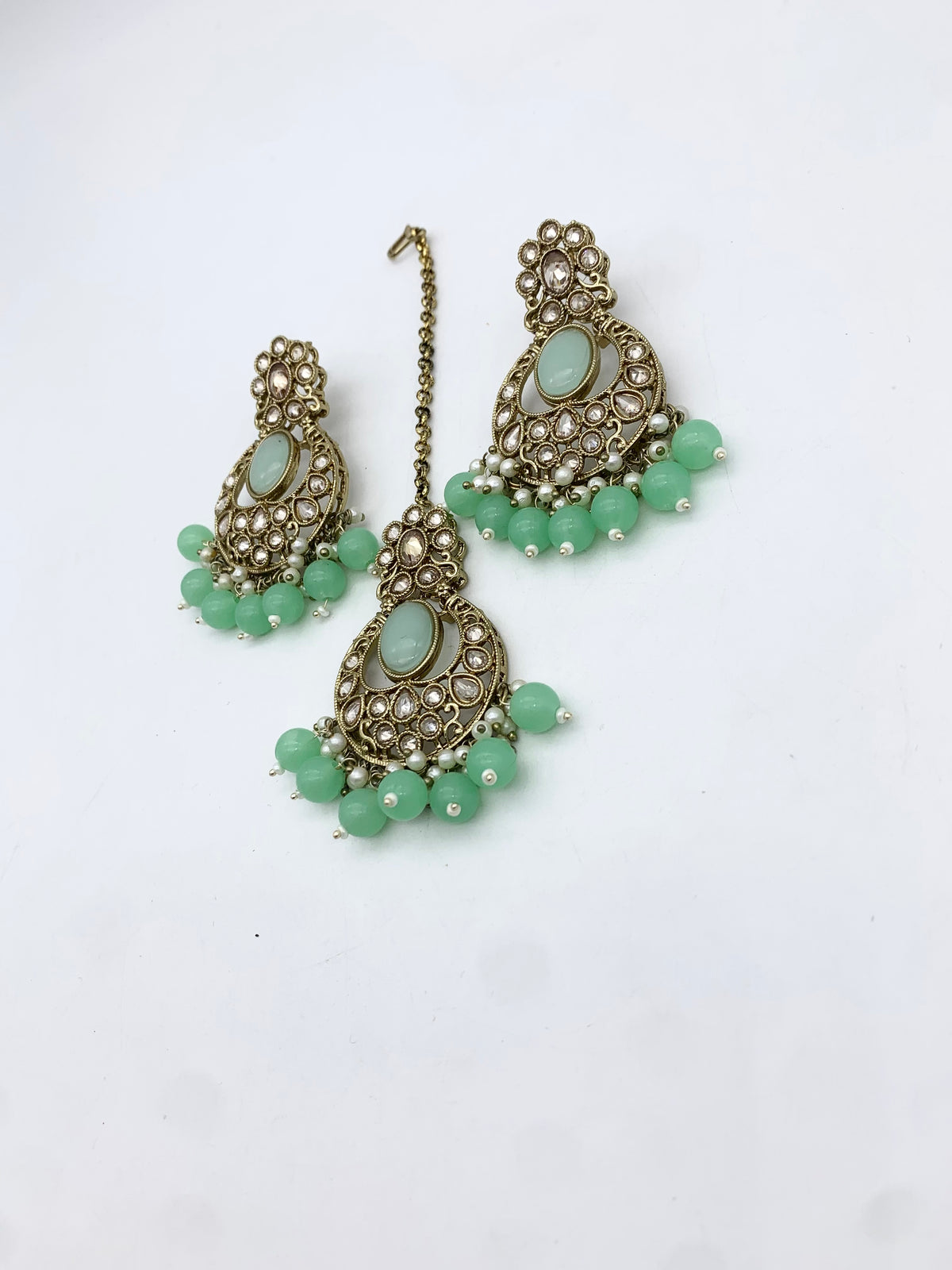 AM601 Gold and Mint earrings and tikka set Polki