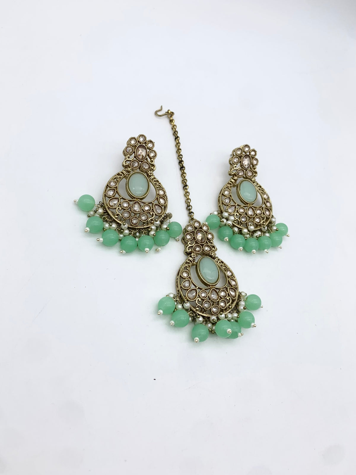 AM601 Gold and Mint earrings and tikka set Polki
