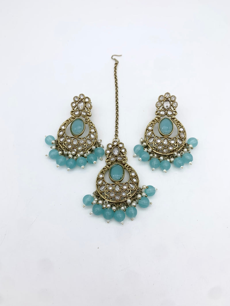 AM601 Gold and Blue earring and tikka set Polki