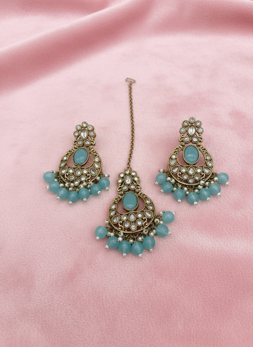 AM601 Gold and Blue earring and tikka set Polki