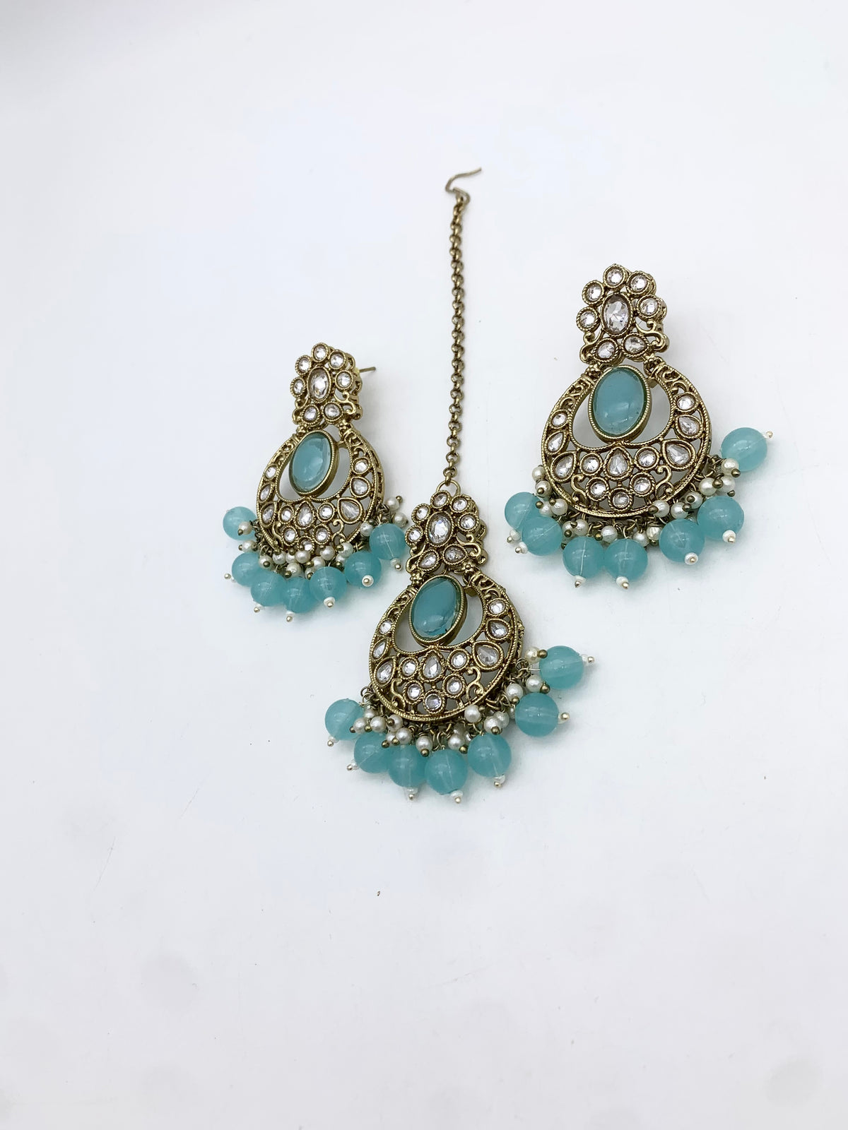 AM601 Gold and Blue earring and tikka set Polki