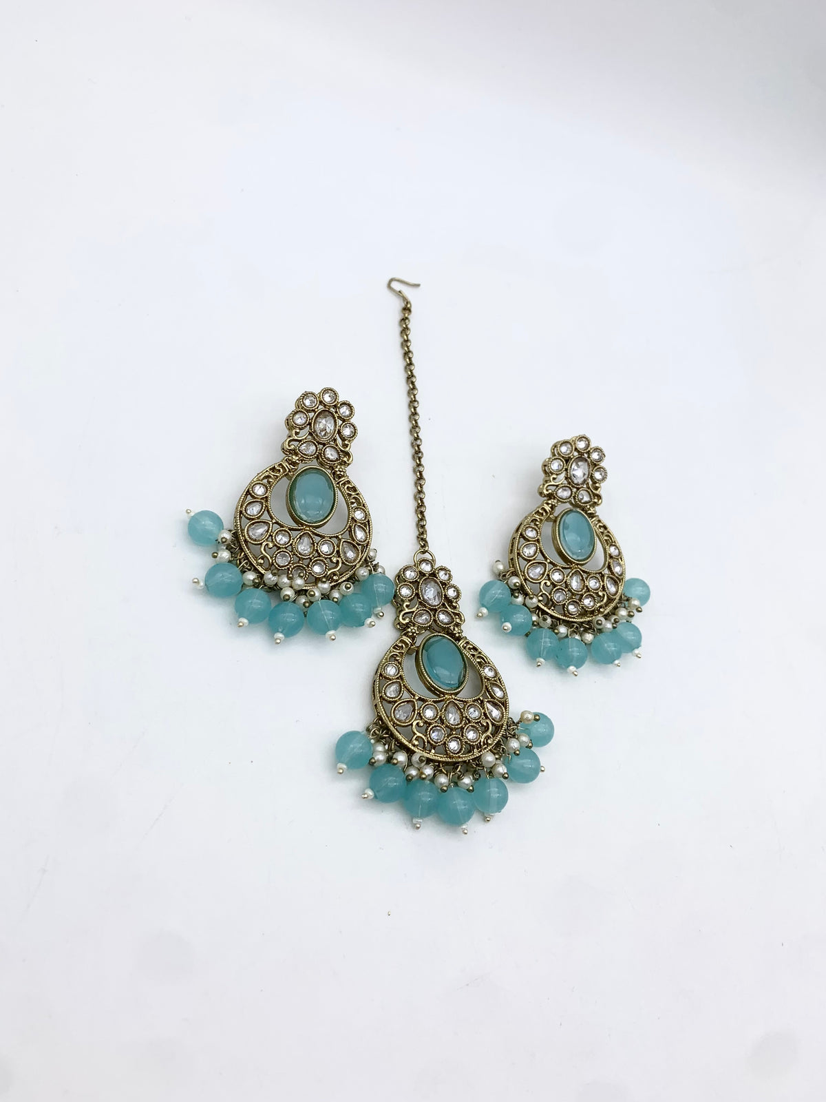 AM601 Gold and Blue earring and tikka set Polki