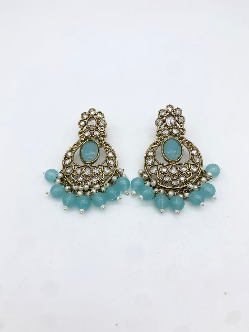 AM601 Gold and Blue earring and tikka set Polki