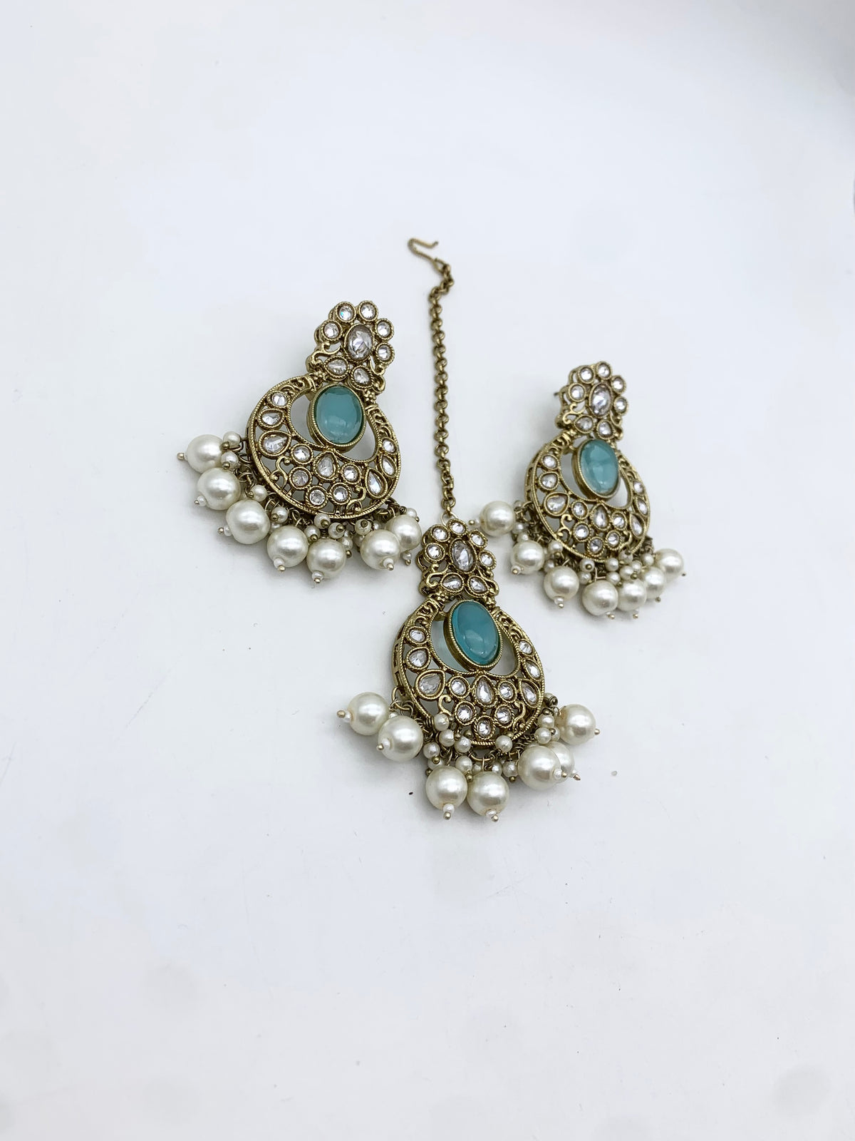 AM602 Gold and Blue earring and tikka set Polki