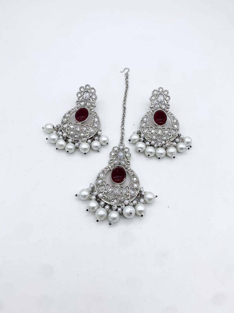 AM601 Silver and Maroon Earring and tikka set Polki