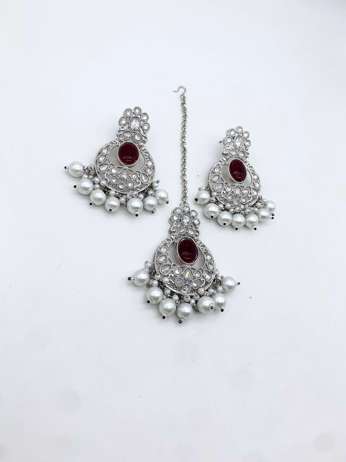 AM601 Silver and Maroon Earring and tikka set Polki