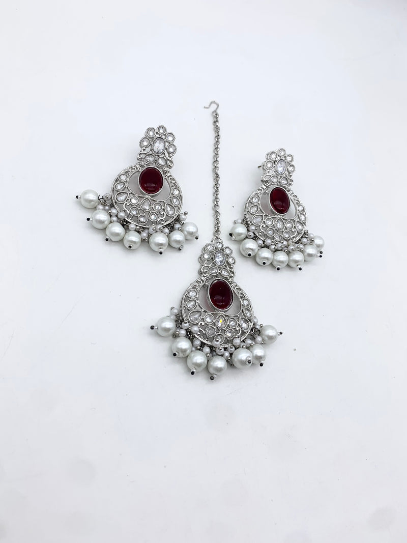 AM601 Silver and Maroon Earring and tikka set Polki