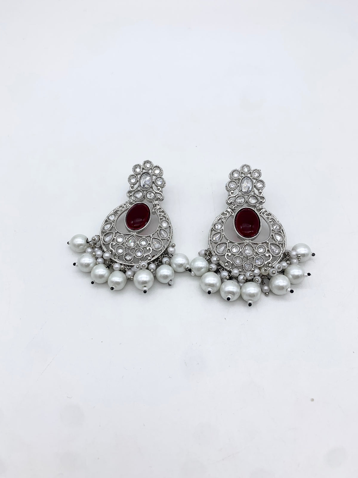 AM601 Silver and Maroon Earring and tikka set Polki