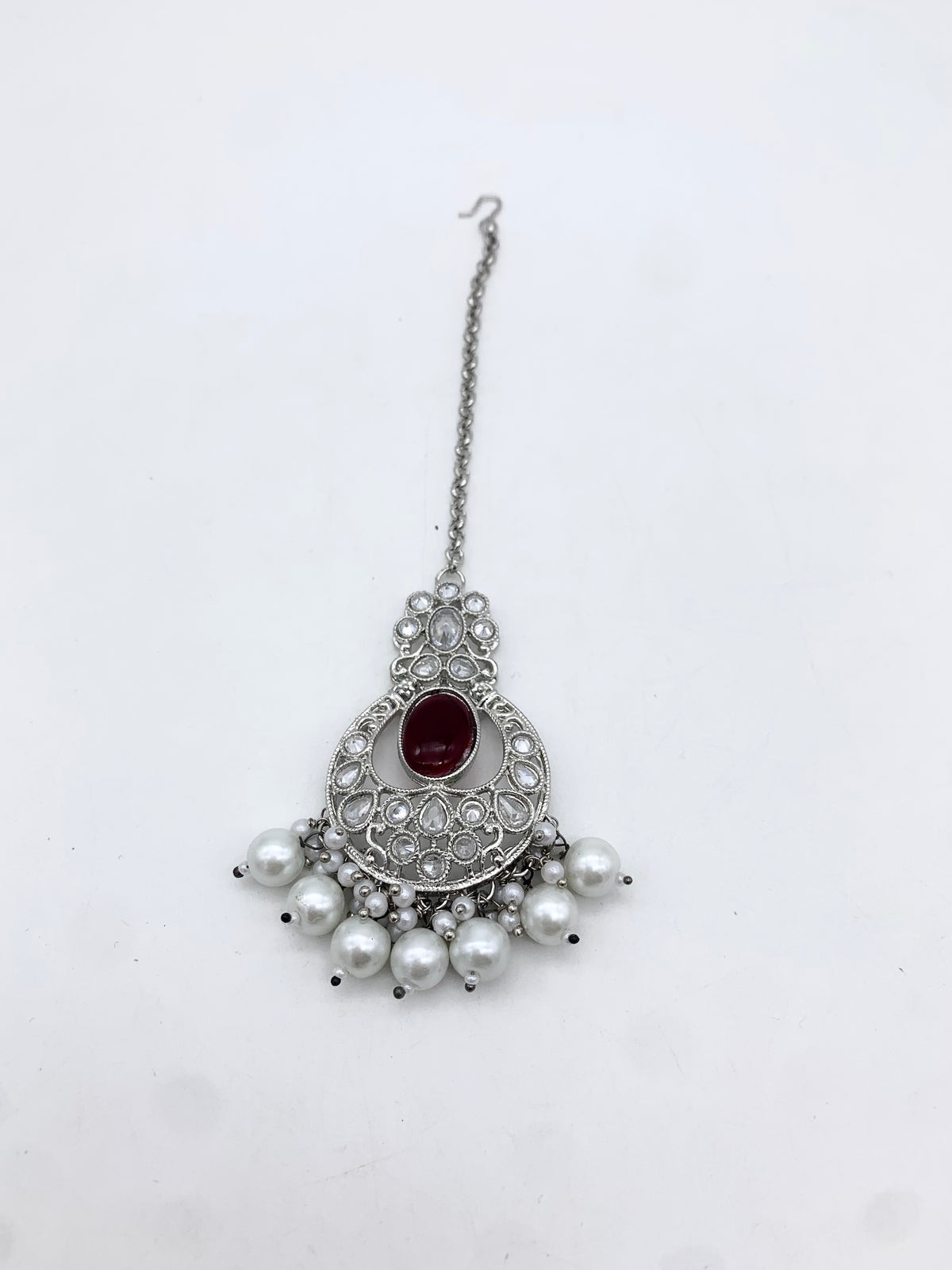 AM601 Silver and Maroon Earring and tikka set Polki