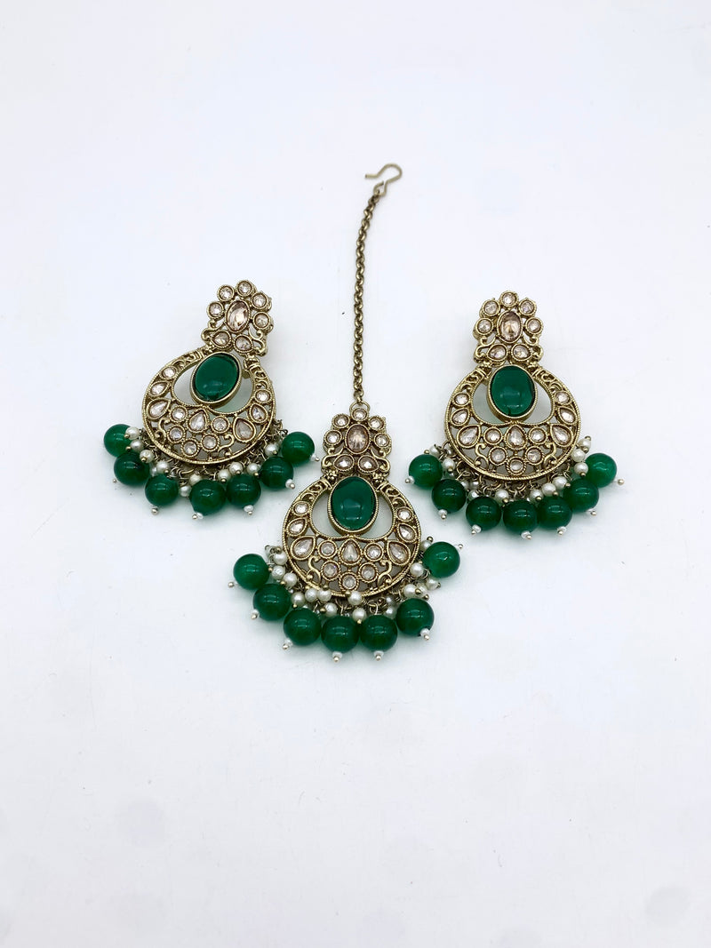 AM601 Gold and Green earring and tikka set Polki