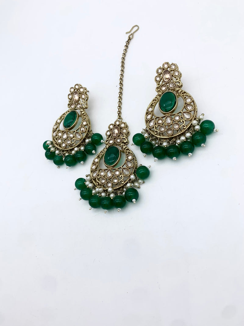AM601 Gold and Green earring and tikka set Polki