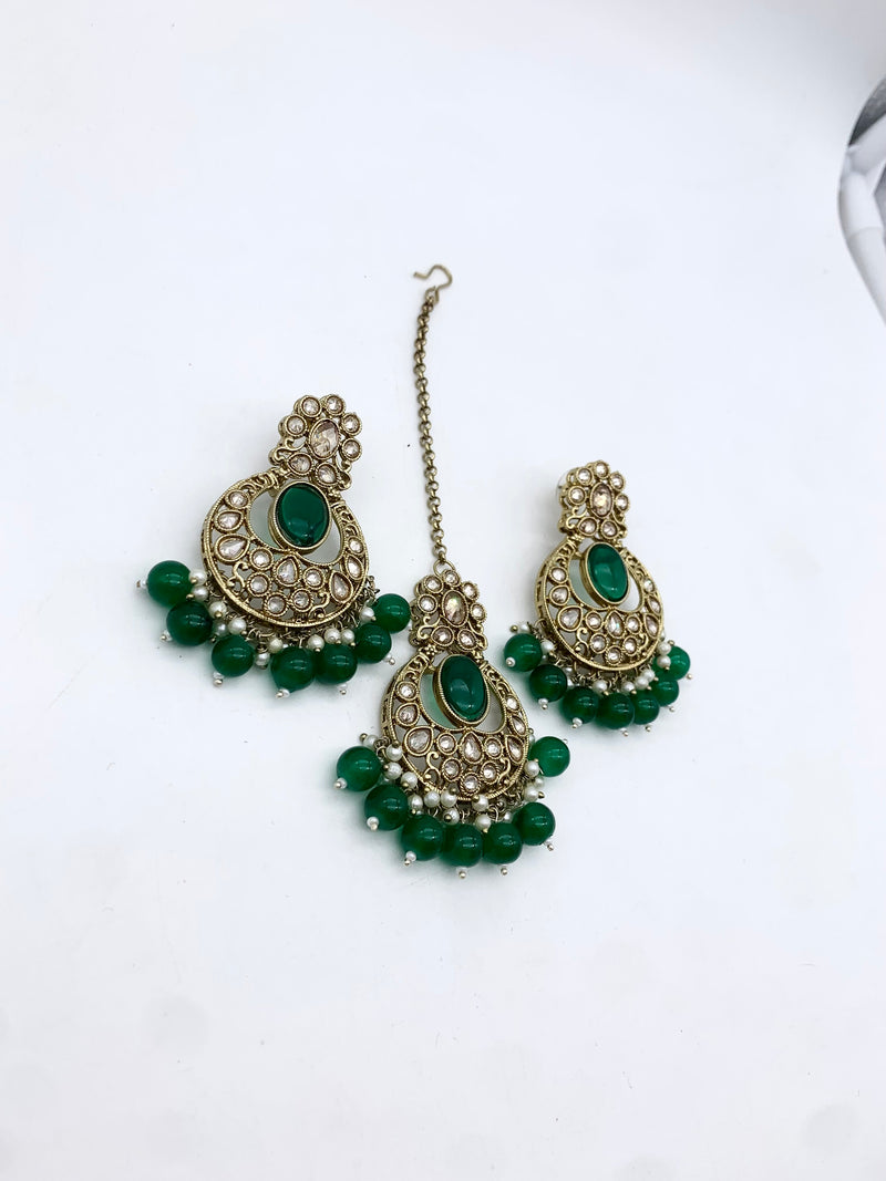AM601 Gold and Green earring and tikka set Polki