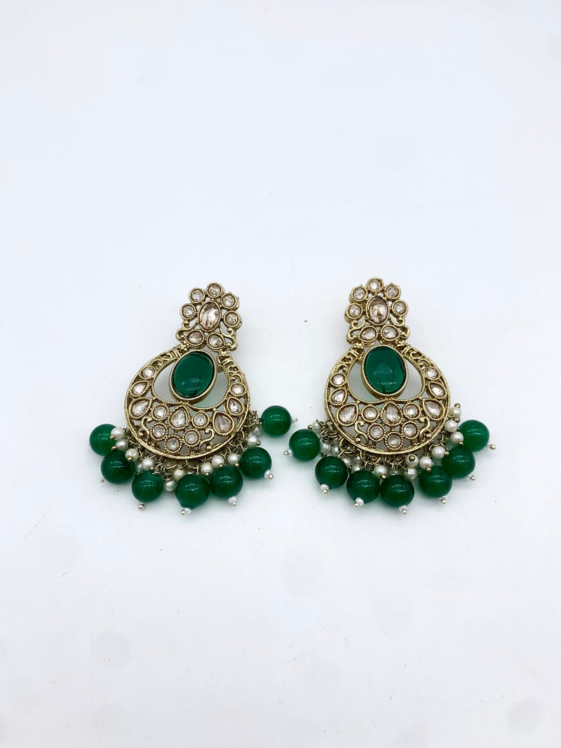 AM601 Gold and Green earring and tikka set Polki