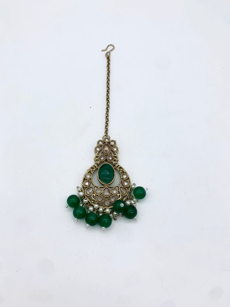 AM601 Gold and Green earring and tikka set Polki