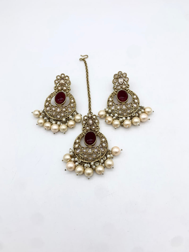 AM602 Gold and Maroon earring and tikka set Polki