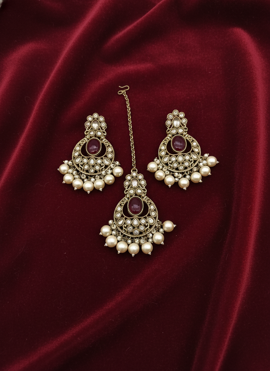AM602 Gold and Maroon earring and tikka set Polki