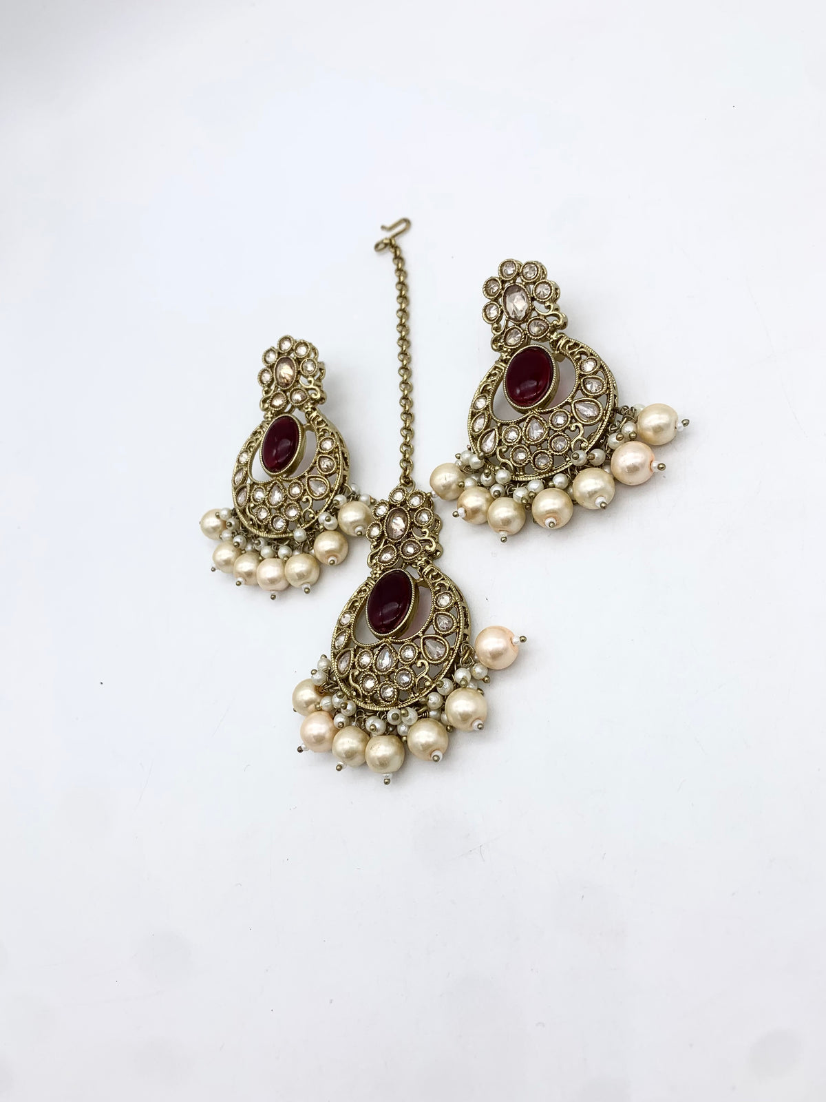 AM602 Gold and Maroon earring and tikka set Polki