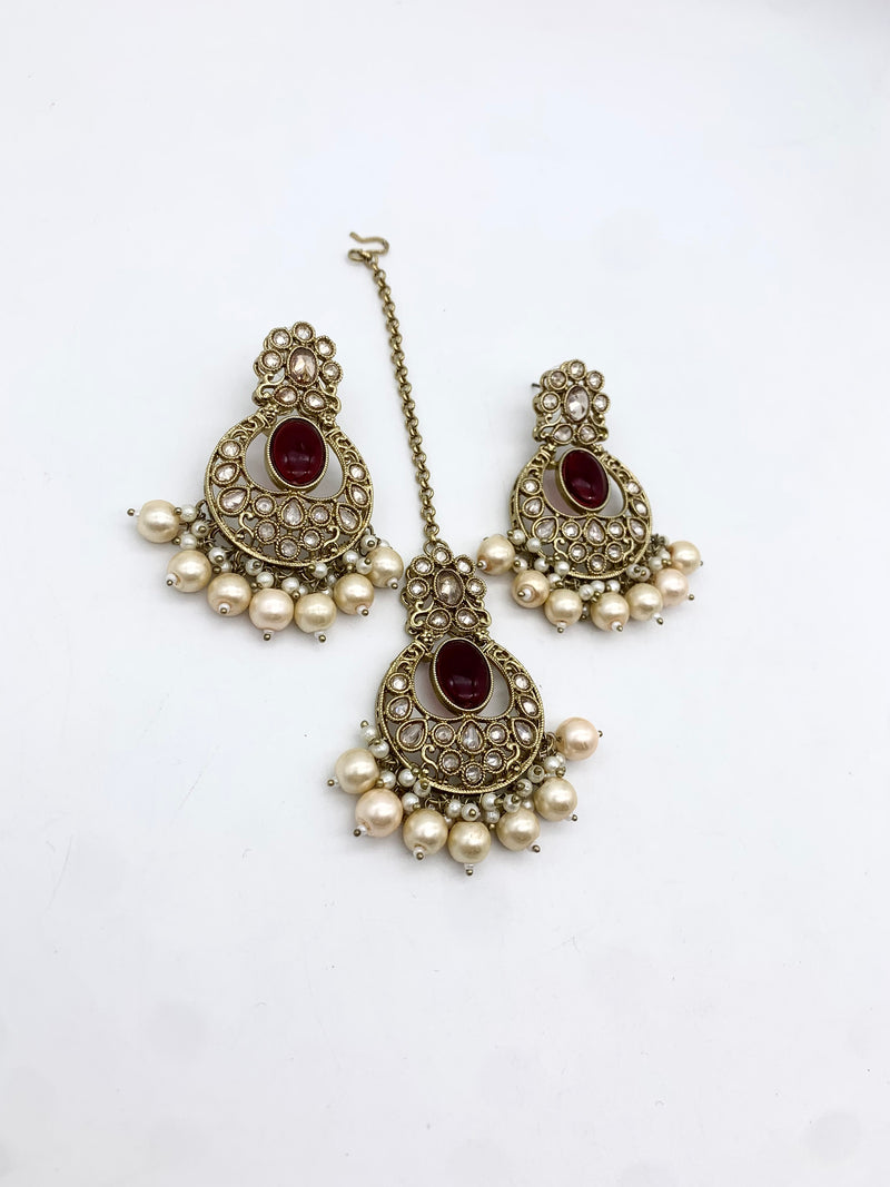 AM602 Gold and Maroon earring and tikka set Polki