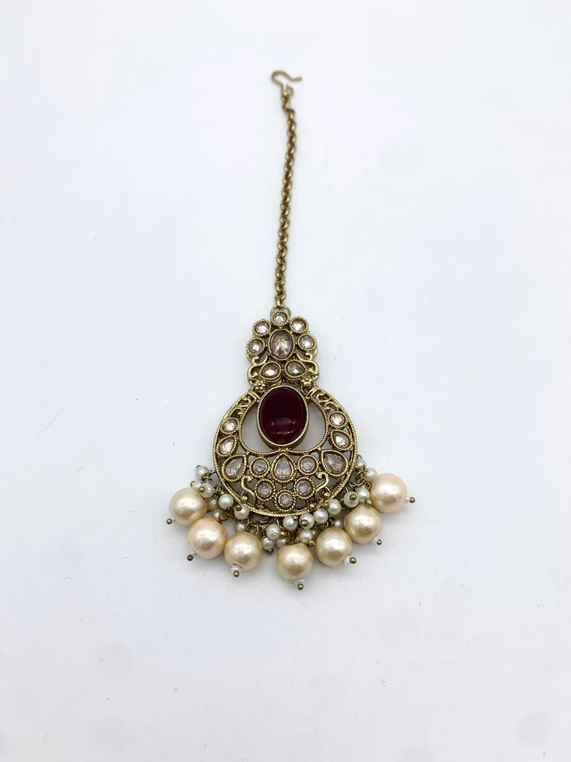 AM602 Gold and Maroon earring and tikka set Polki