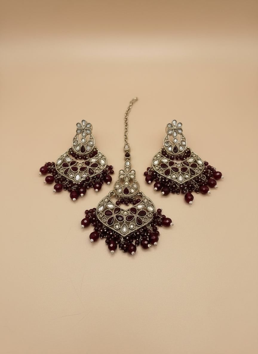 AM600 Gold and Maroonearrings and tikka set